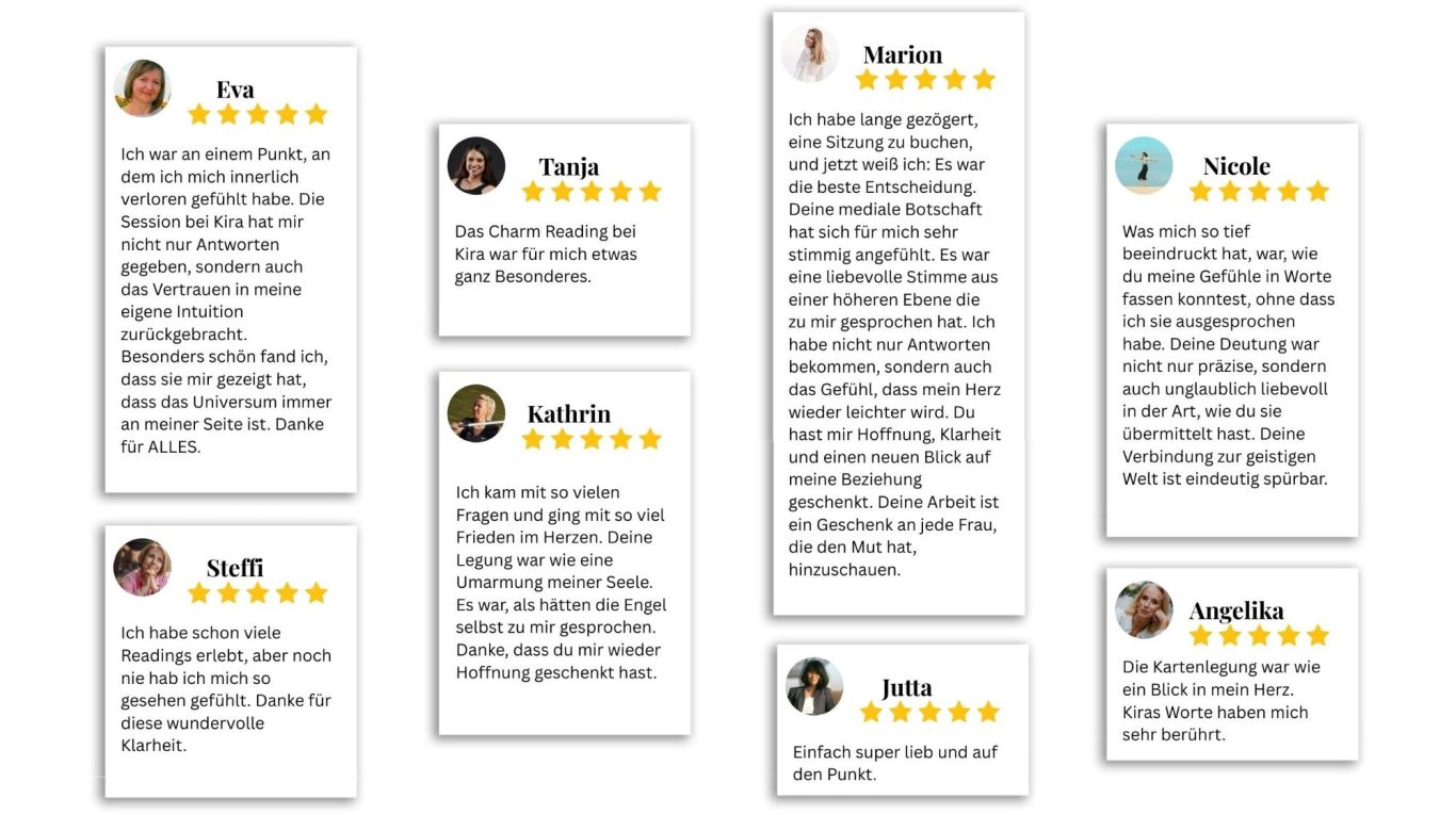 Erfahrungsberichte Rezensionen Bewertungen Kundenstimmen Testimonials Frauen Kira Tarotkarten Channeling Kartenlegungen Tarot Channel-Medium YouTube Spiritualität Tarot Kartenlegen Astrologie Sternzeichen